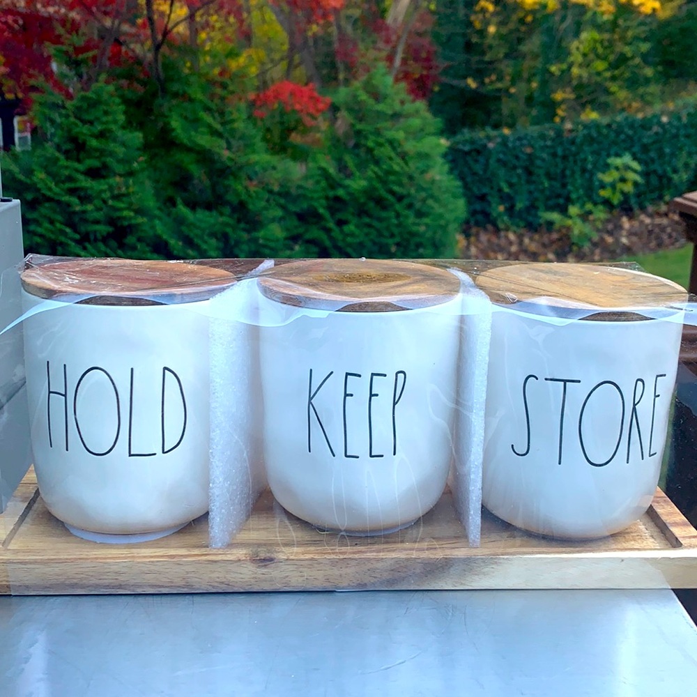 New Rae  Dunn HOLD / KEEP / STORE canister set on wooden stand.